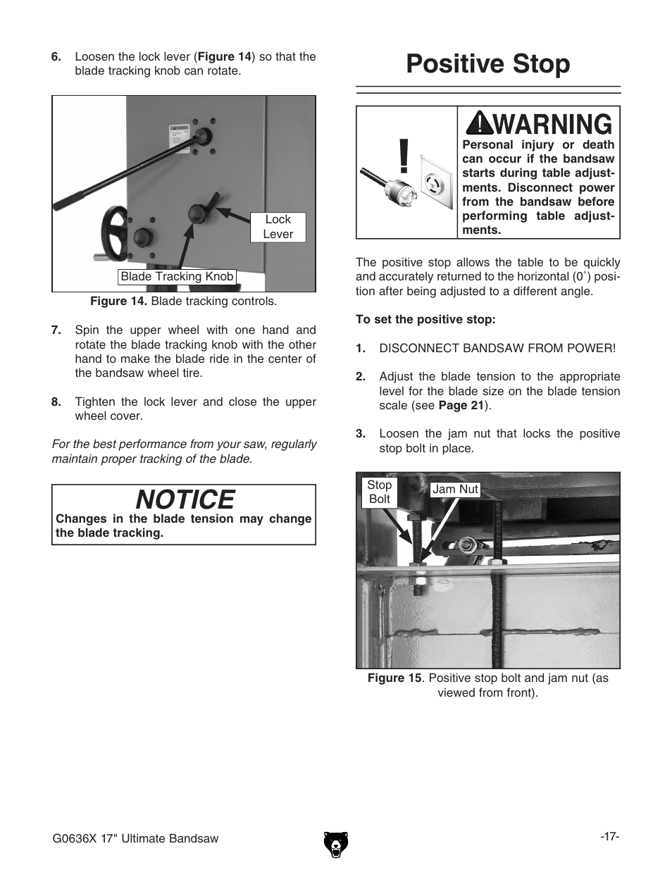 Notice, Positive stop | Grizzly G0636X User Manual | Page 19 / 64