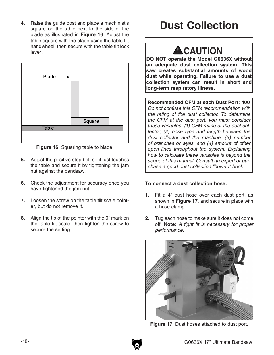 Dust collection | Grizzly G0636X User Manual | Page 20 / 64