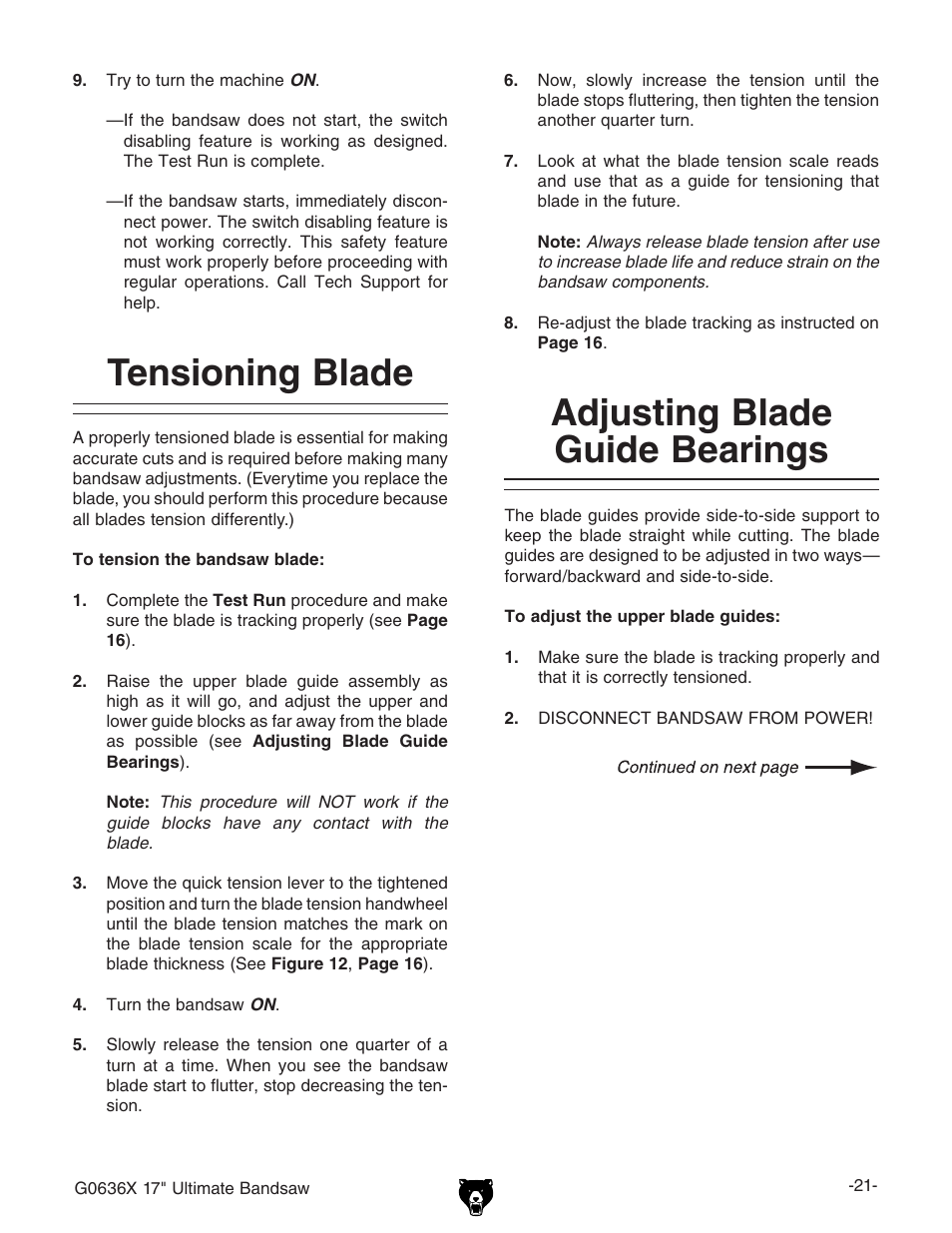 Tensioning blade, Adjusting blade guide bearings | Grizzly G0636X User Manual | Page 23 / 64