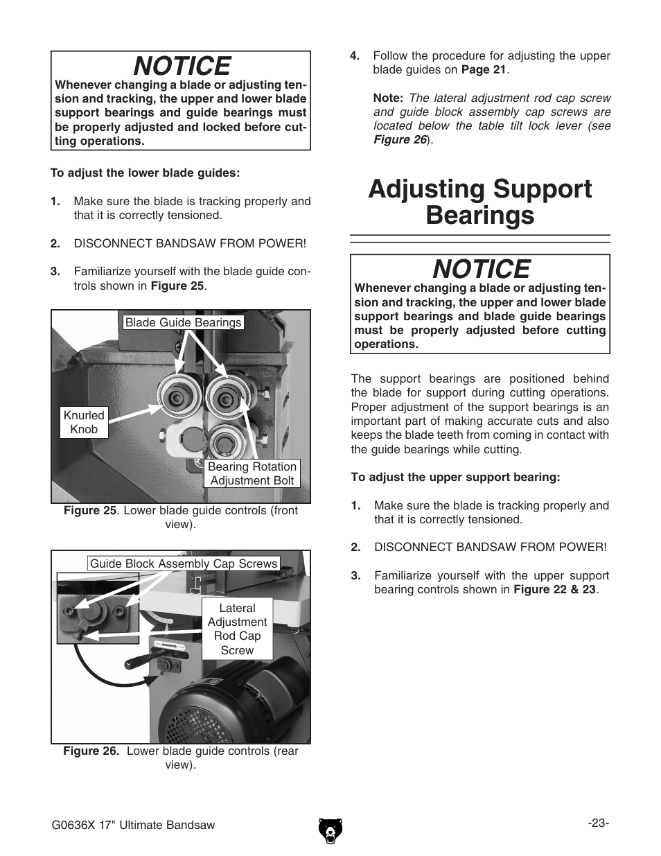 Adjusting support bearings, Notice | Grizzly G0636X User Manual | Page 25 / 64