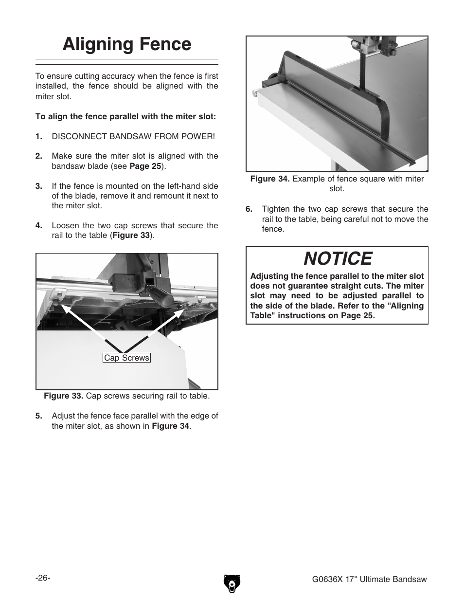 Aligning fence, Notice | Grizzly G0636X User Manual | Page 28 / 64