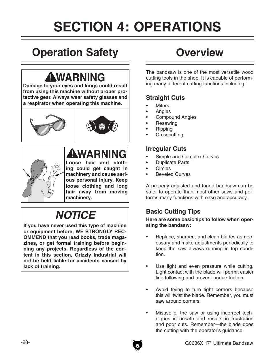 Notice, Operation safety overview | Grizzly G0636X User Manual | Page 30 / 64