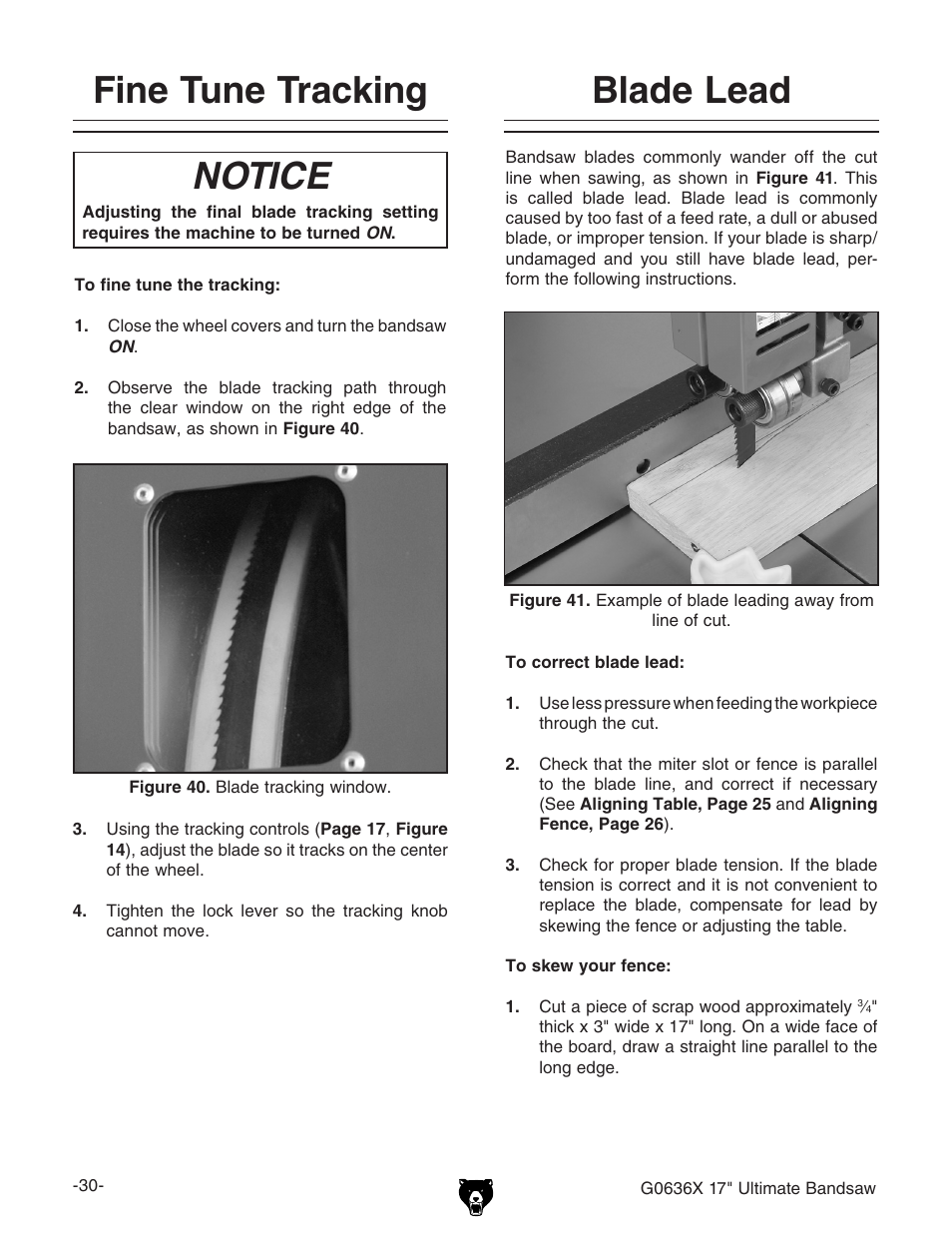 Fine tune tracking, Notice, Blade lead | Grizzly G0636X User Manual | Page 32 / 64