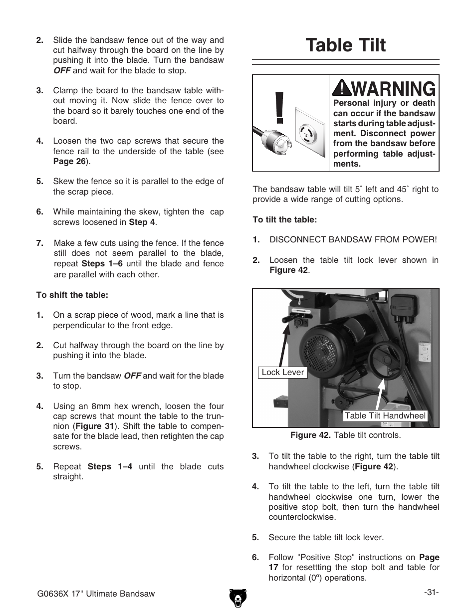 Table tilt | Grizzly G0636X User Manual | Page 33 / 64