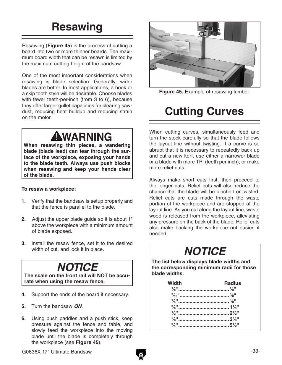 Resawing, Notice, Cutting curves | Grizzly G0636X User Manual | Page 35 / 64