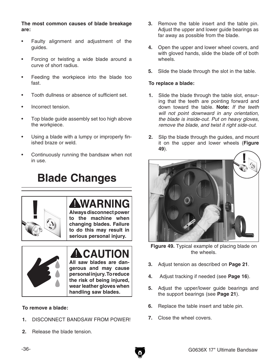 Blade changes | Grizzly G0636X User Manual | Page 38 / 64