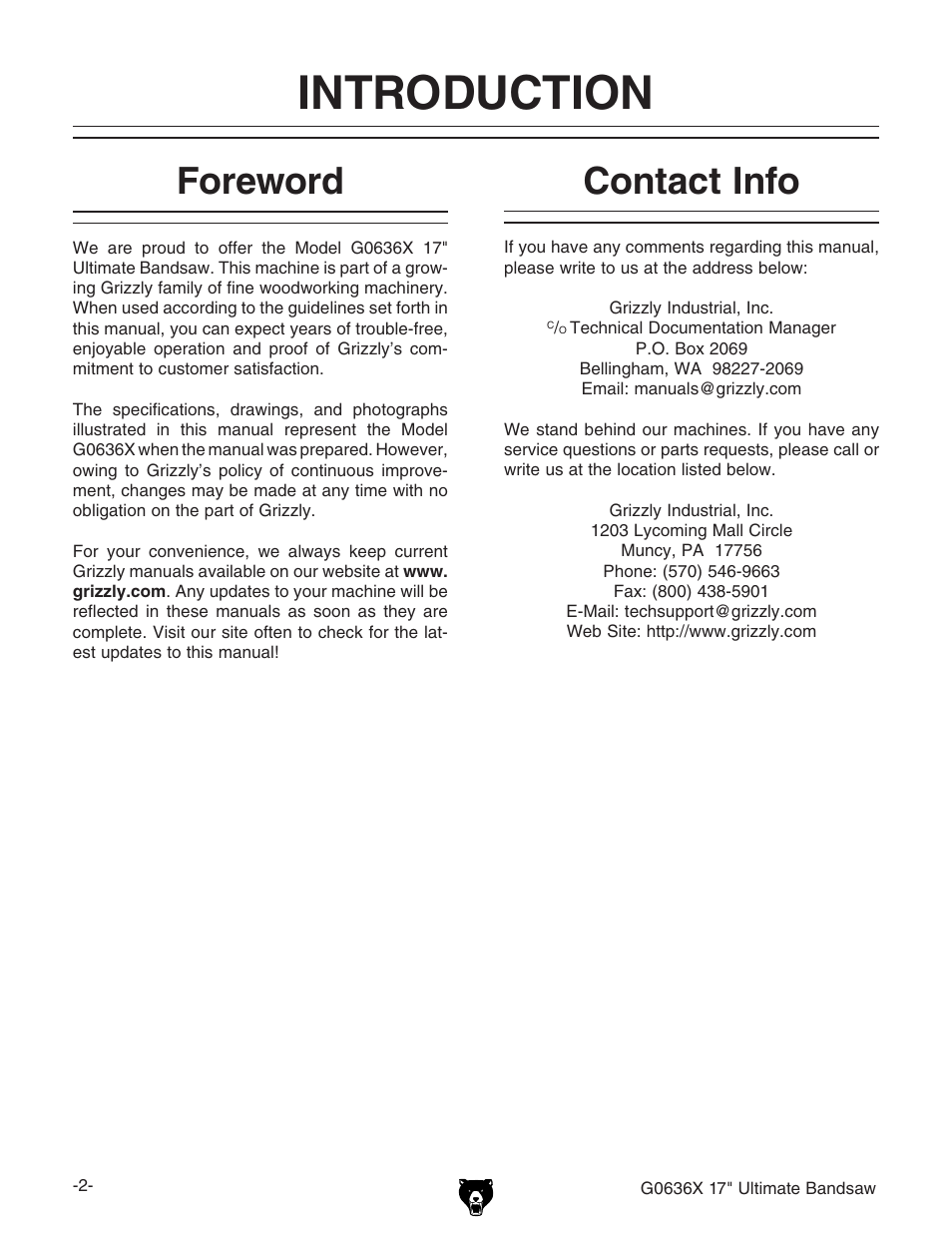 Introduction, Foreword, Contact info | Grizzly G0636X User Manual | Page 4 / 64
