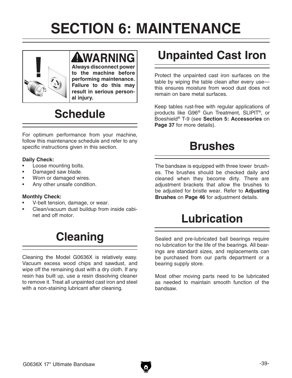 Cleaning, Unpainted cast iron, Schedule | Brushes, Lubrication | Grizzly G0636X User Manual | Page 41 / 64