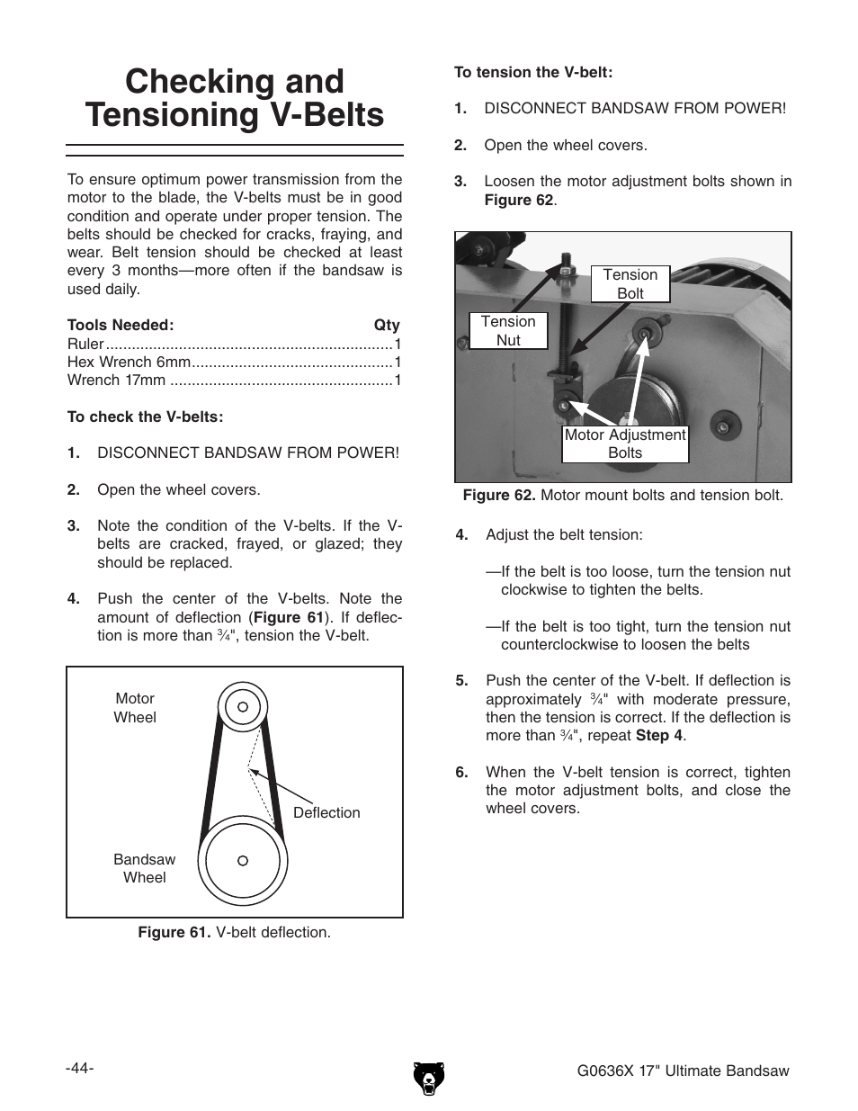 Checking and tensioning v-belts | Grizzly G0636X User Manual | Page 46 / 64