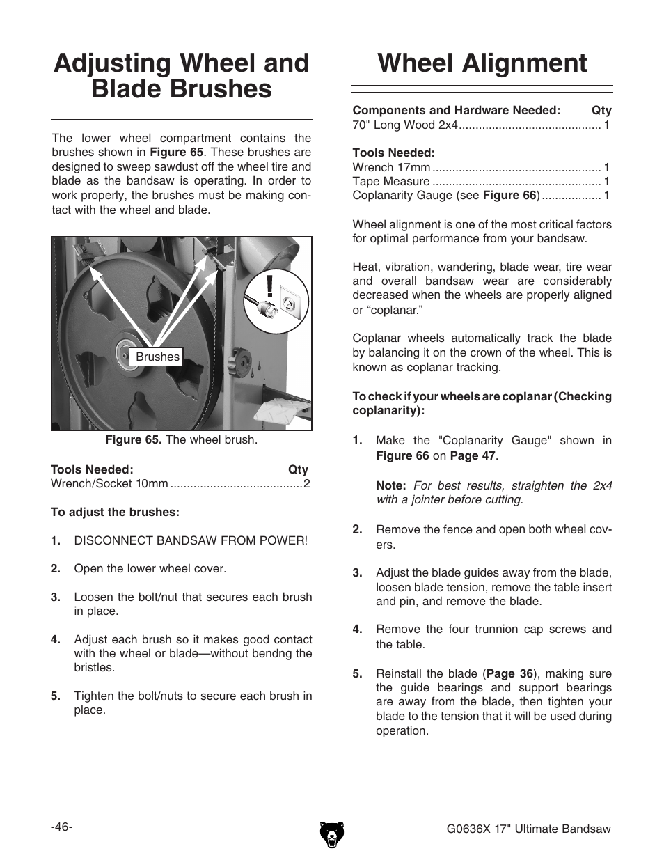 Adjusting wheel and blade brushes, Wheel alignment | Grizzly G0636X User Manual | Page 48 / 64