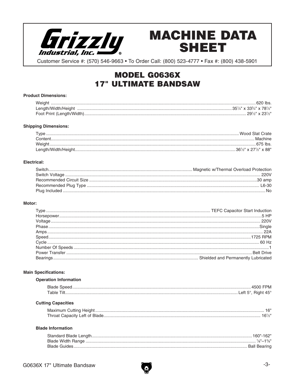 Machine data sheet | Grizzly G0636X User Manual | Page 5 / 64