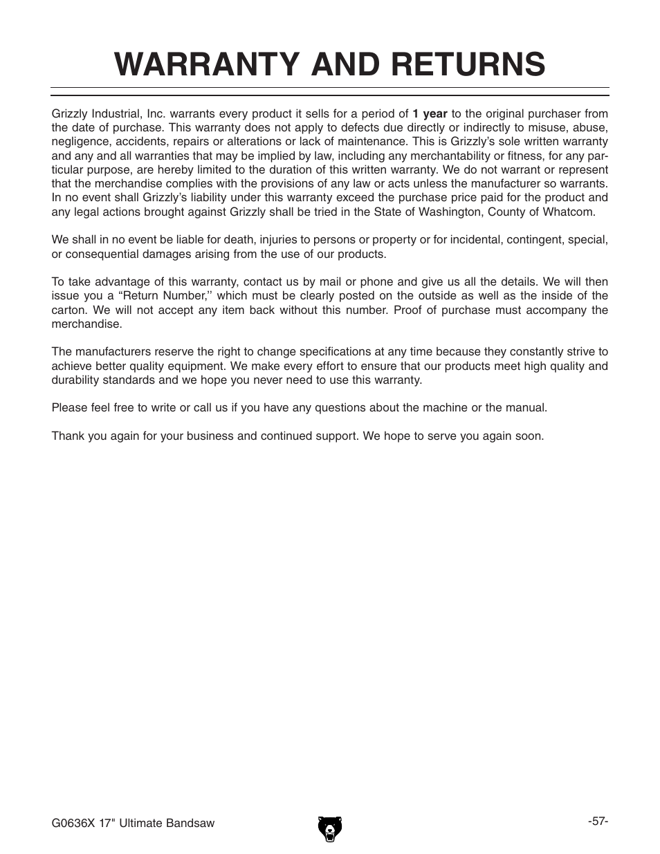 Warranty and returns | Grizzly G0636X User Manual | Page 59 / 64