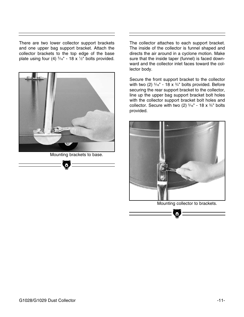 Support brackets, Collector | Grizzly G1028Z User Manual | Page 12 / 24
