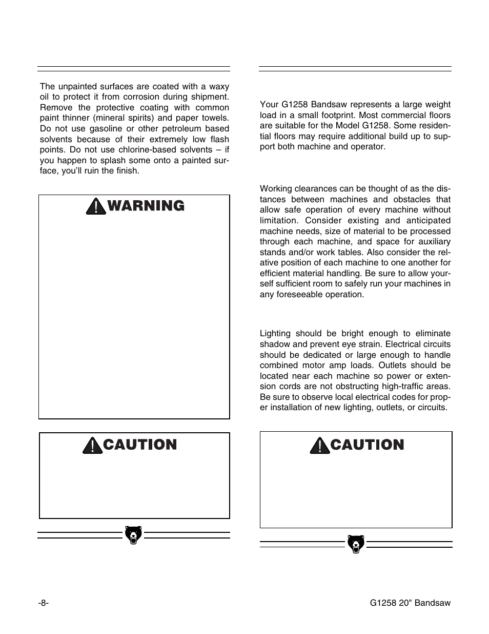 Clean up, Site considerations | Grizzly G1258 User Manual | Page 10 / 26