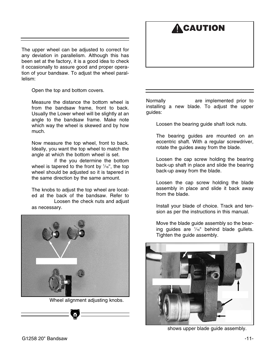 Upper guides, Wheel alignment | Grizzly G1258 User Manual | Page 13 / 26