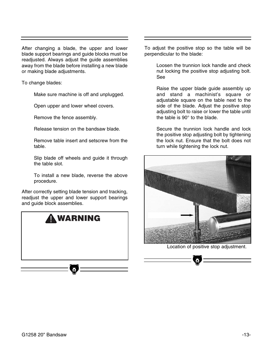 Changing blades positive table stop | Grizzly G1258 User Manual | Page 15 / 26