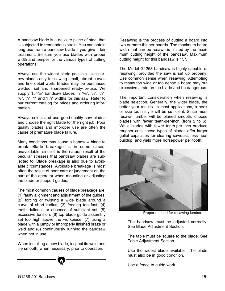 Blade information, Resawing | Grizzly G1258 User Manual | Page 17 / 26