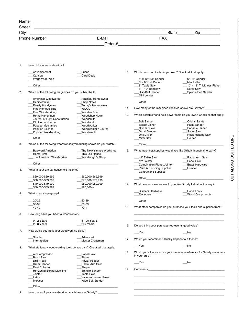 Warranty card, Cut along dotted line | Grizzly G1258 User Manual | Page 25 / 26