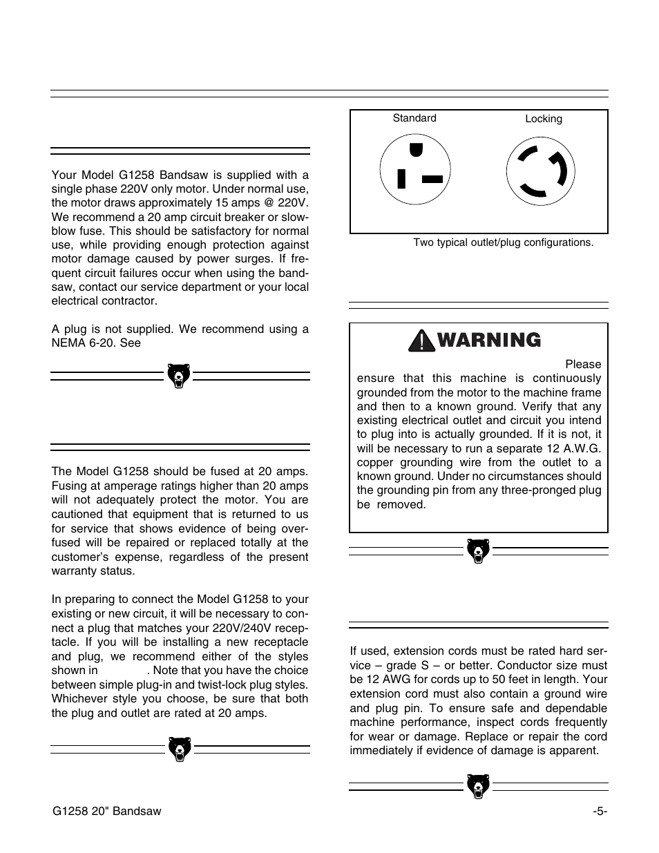 220v operation, Fusing, Extension cords grounding | Grizzly G1258 User Manual | Page 7 / 26