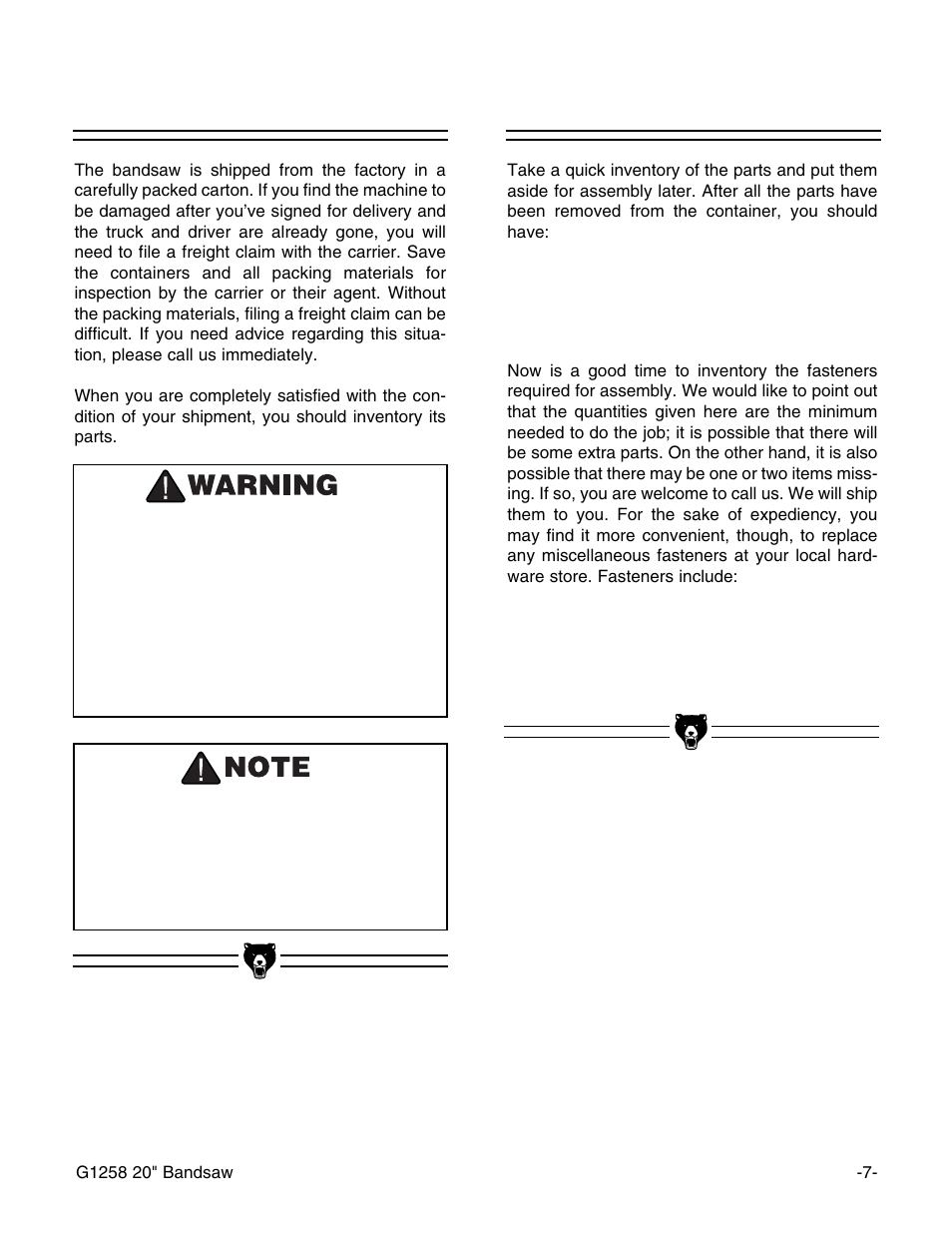 Unpacking, Parts inventory | Grizzly G1258 User Manual | Page 9 / 26