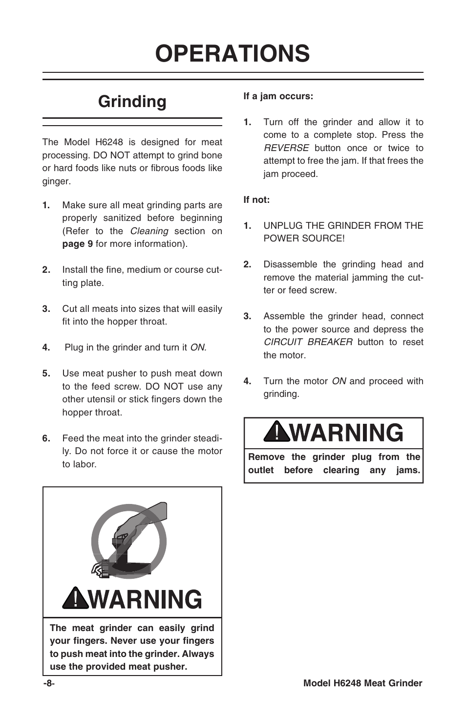 Operations, Grinding | Grizzly H6248 User Manual | Page 10 / 16