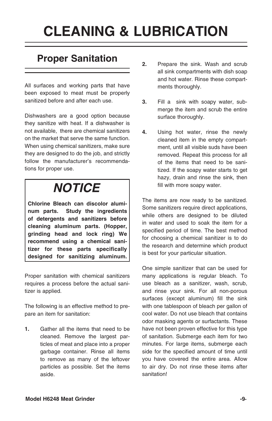 Cleaning & lubrication, Notice, Proper sanitation | Grizzly H6248 User Manual | Page 11 / 16