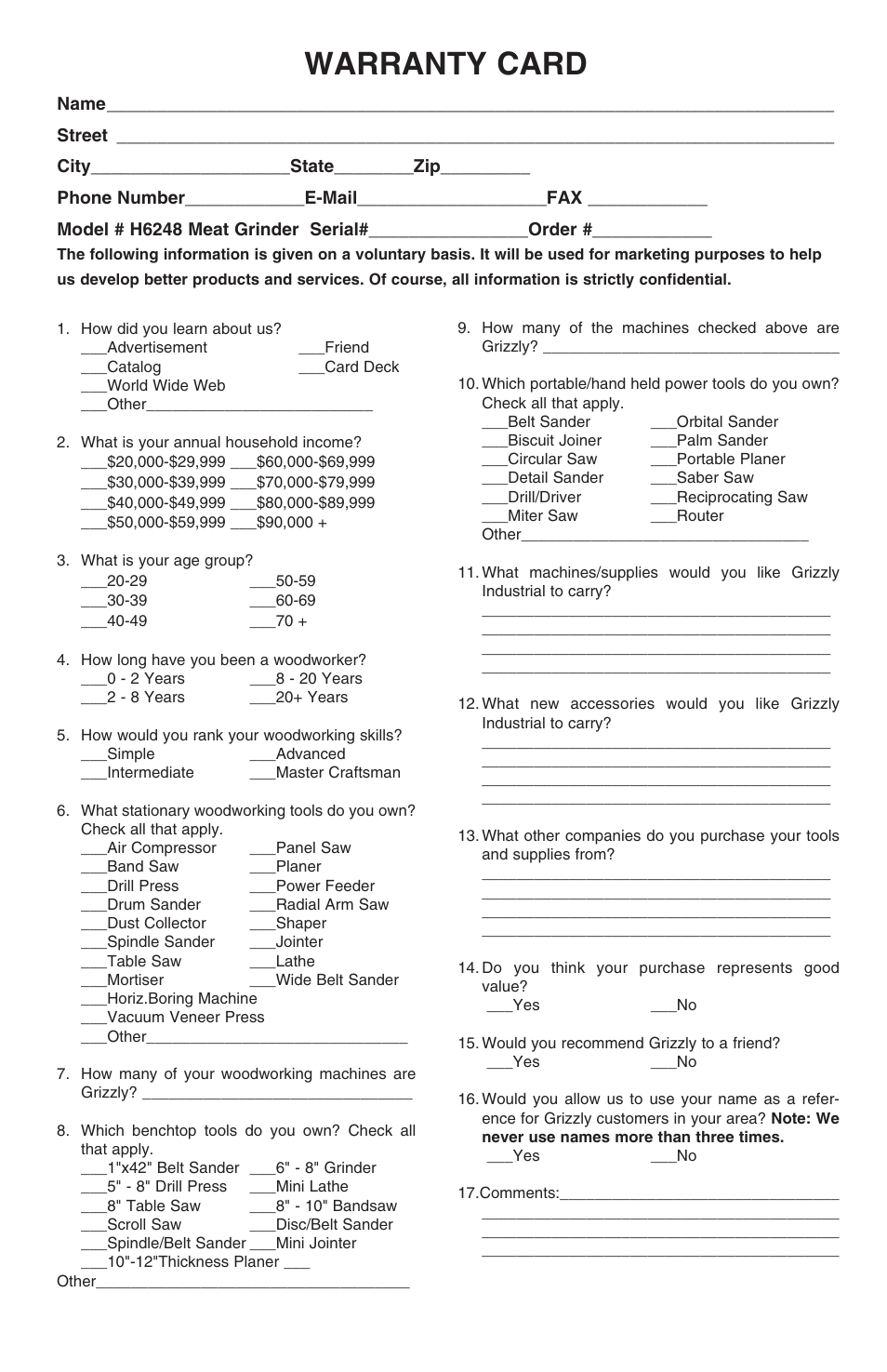 Warranty card | Grizzly H6248 User Manual | Page 15 / 16