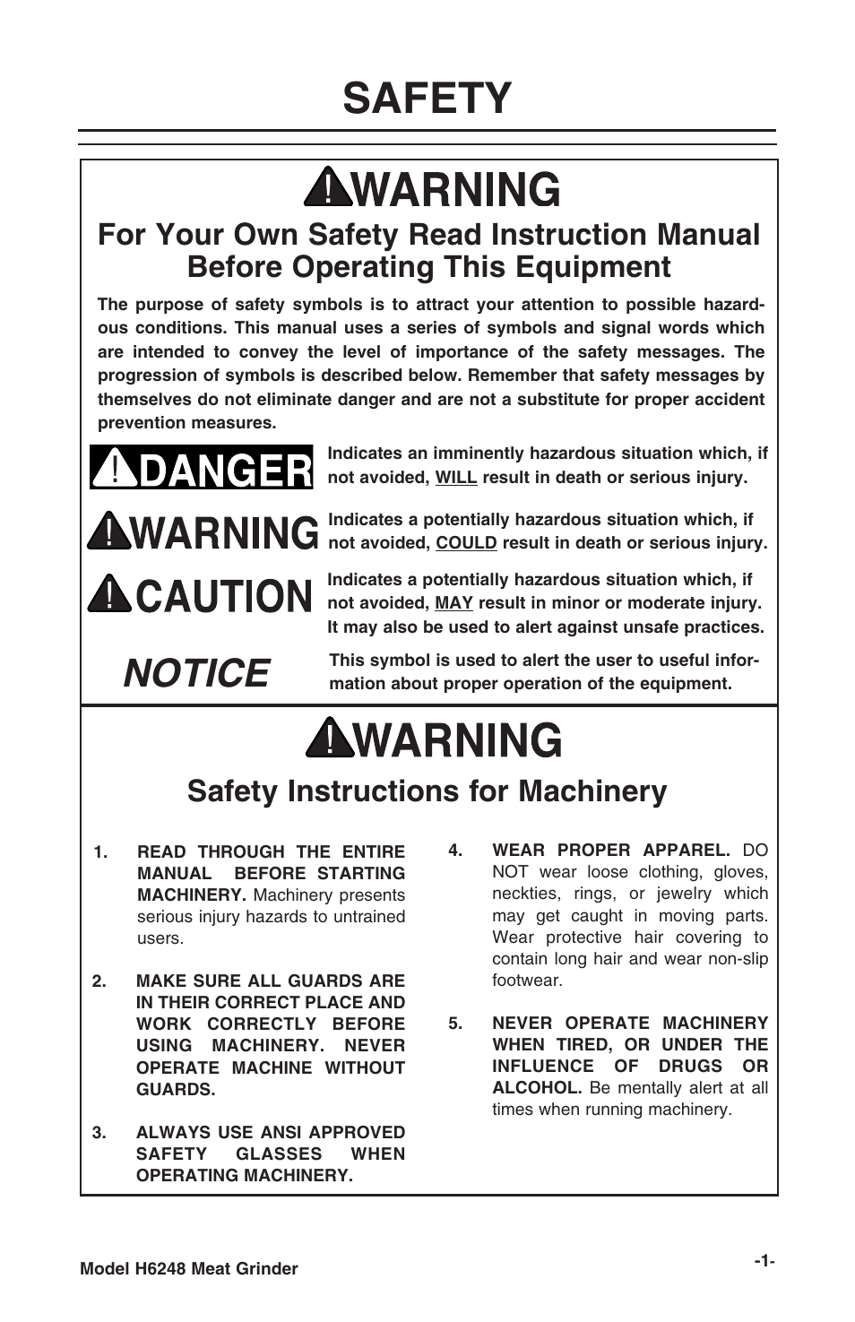 Safety, Notice, Safety instructions for machinery | Grizzly H6248 User Manual | Page 3 / 16