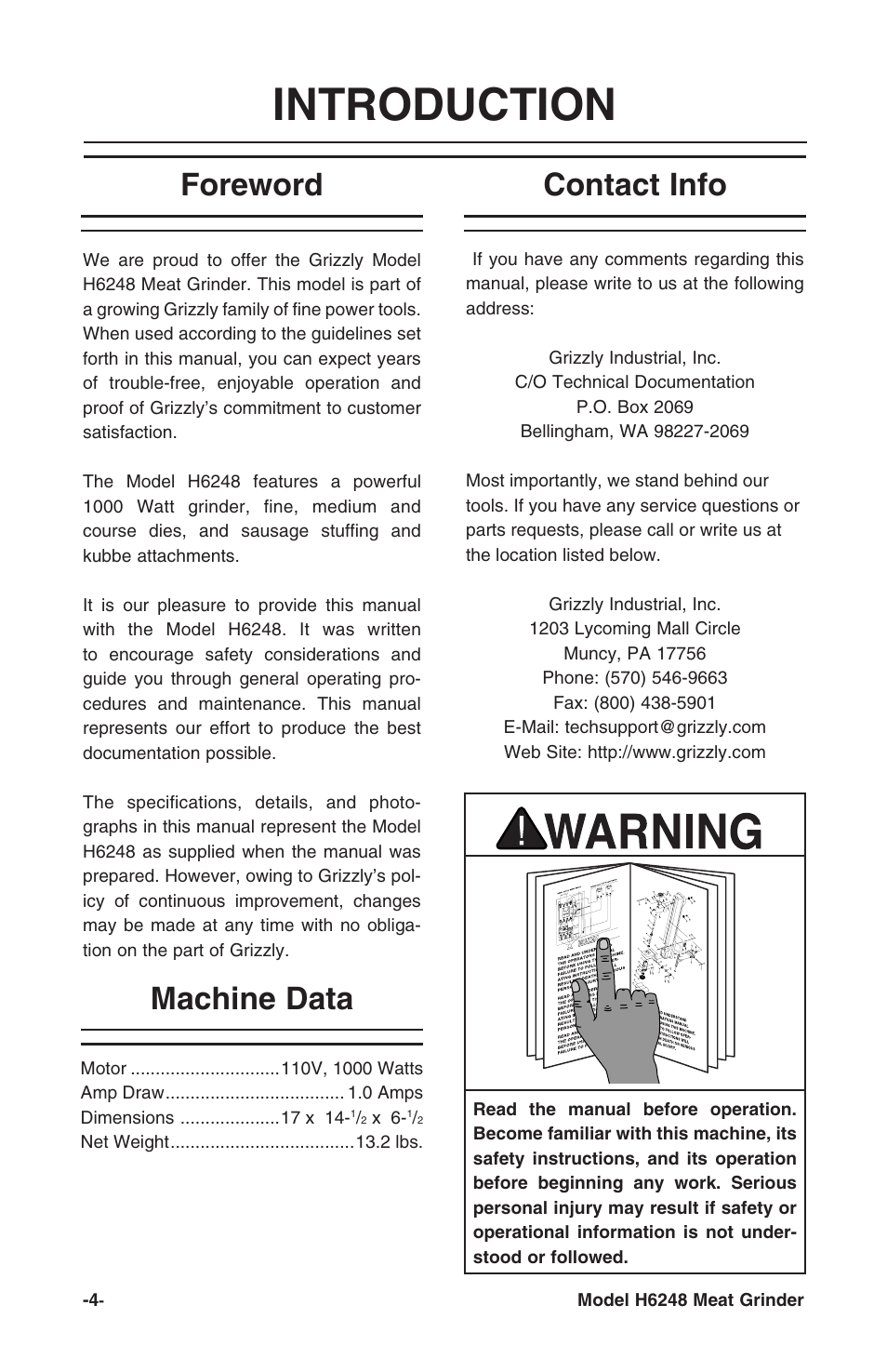 Introduction, Foreword contact info machine data | Grizzly H6248 User Manual | Page 6 / 16