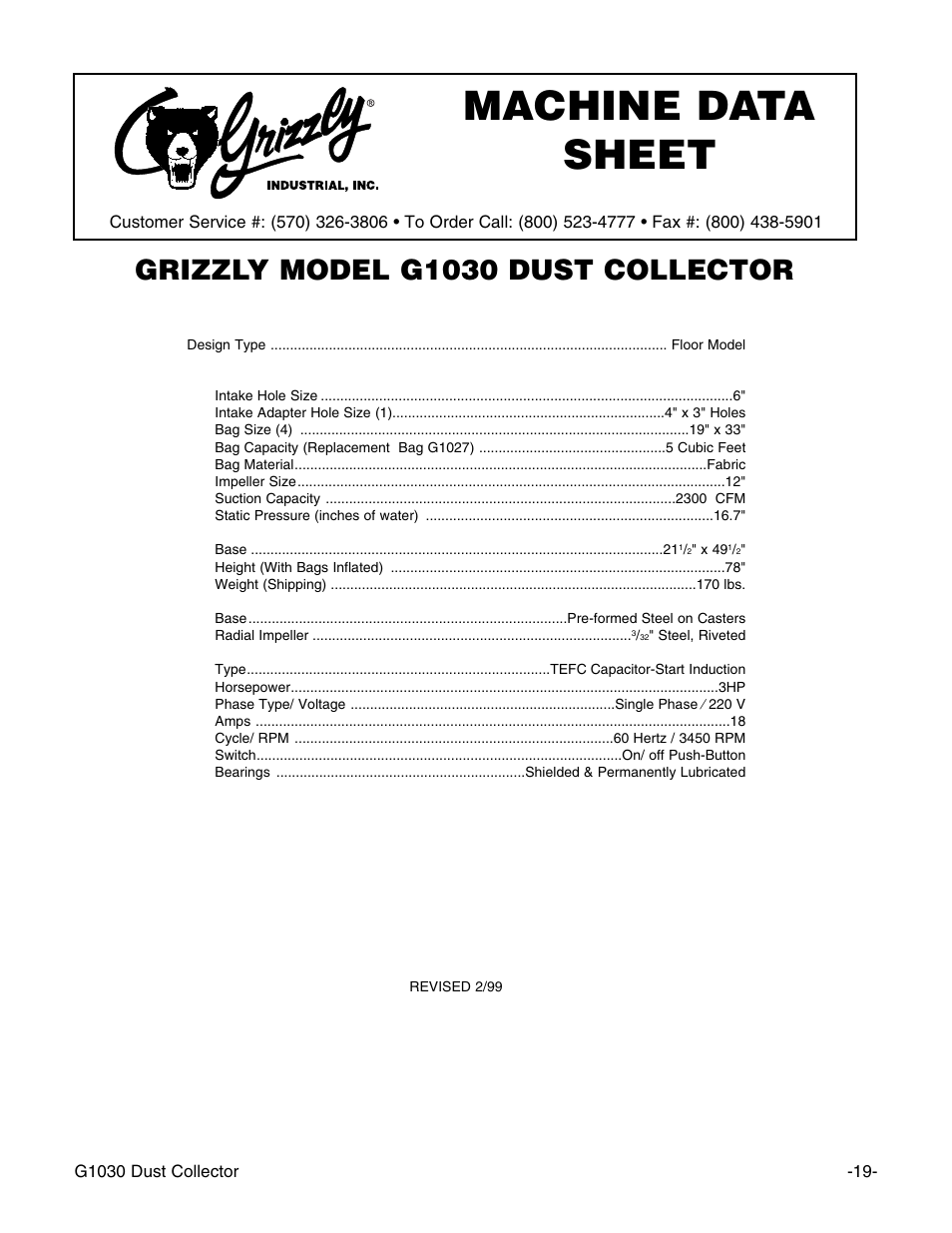 Machine data sheet, Grizzly model g1030 dust collector | Grizzly G1030 User Manual | Page 21 / 26