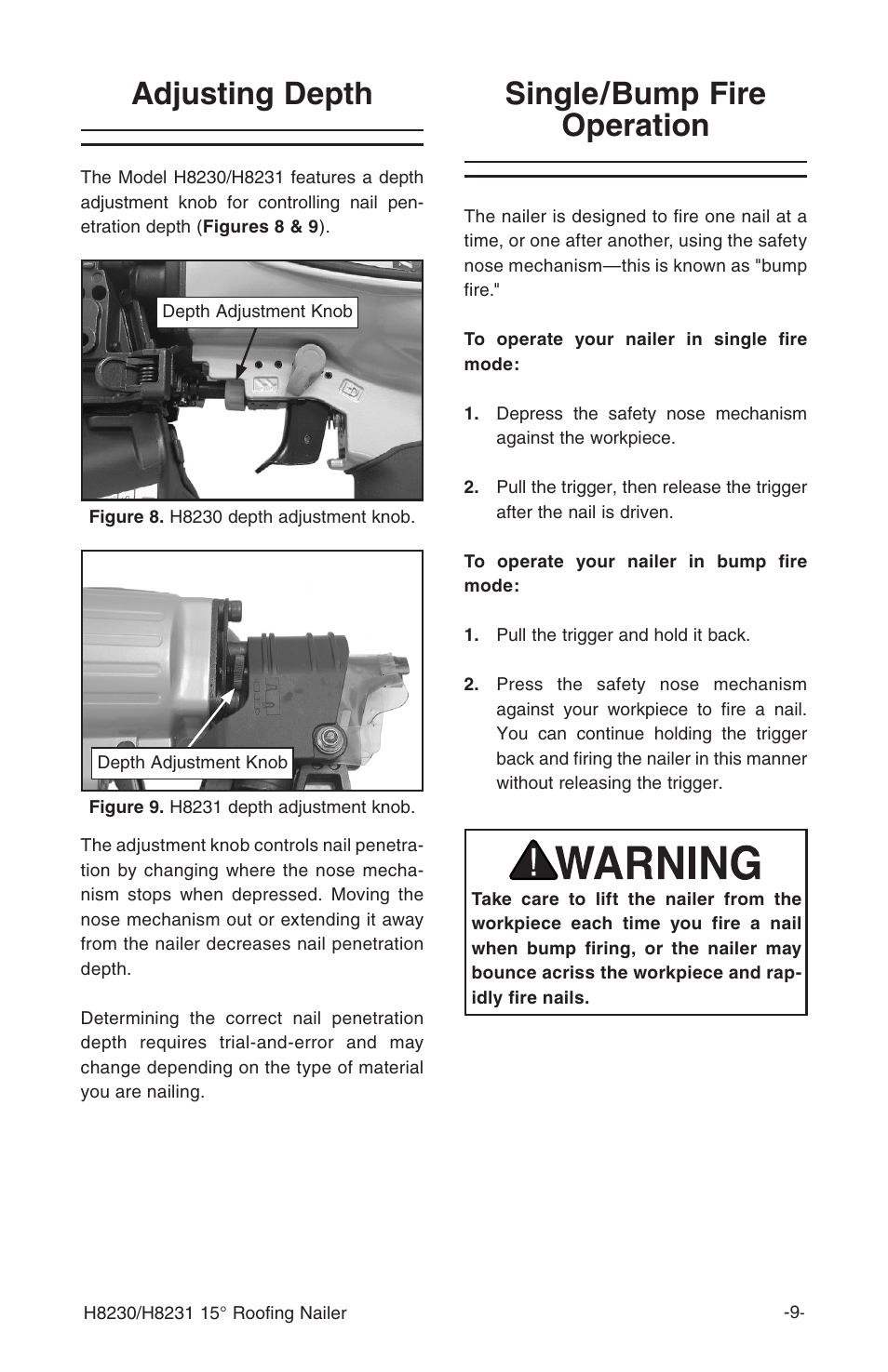 Single/bump fire operation, Adjusting depth | Grizzly H8230 User Manual | Page 11 / 20