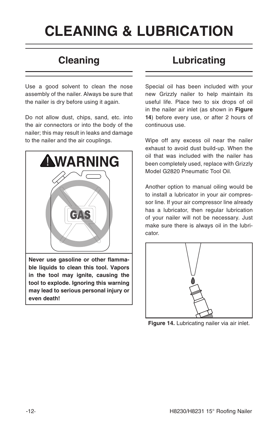 Cleaning & lubrication, Cleaning, Lubricating | Grizzly H8230 User Manual | Page 14 / 20