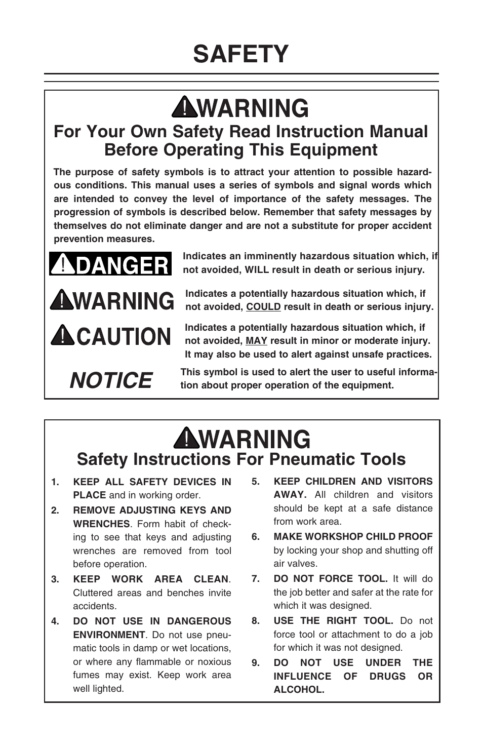 Safety, Notice, Safety instructions for pneumatic tools | Grizzly H8230 User Manual | Page 2 / 20