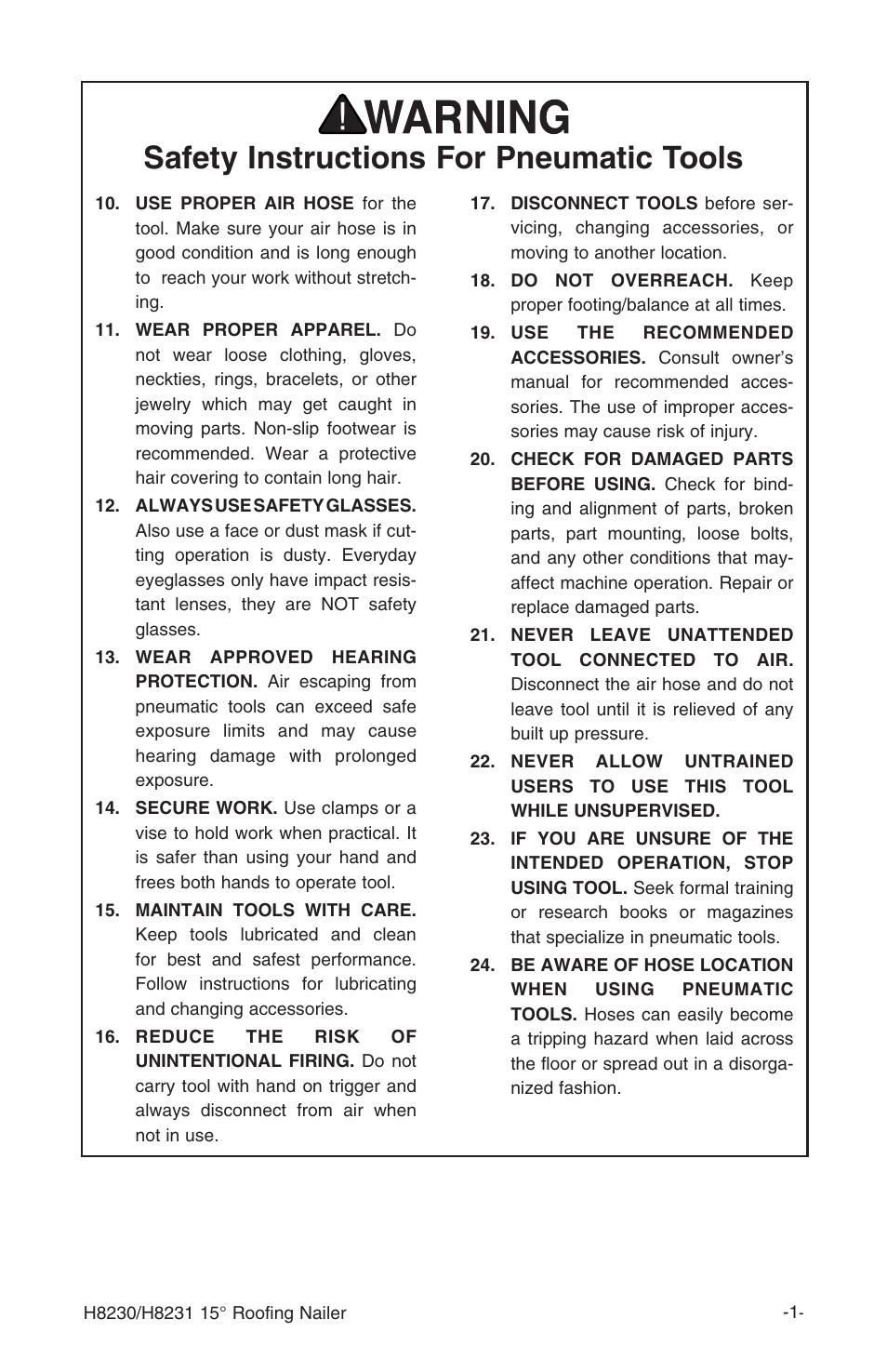 Safety instructions for pneumatic tools | Grizzly H8230 User Manual | Page 3 / 20