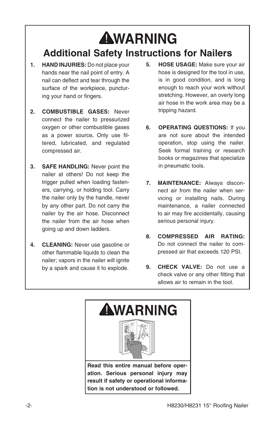 Additional safety instructions for nailers | Grizzly H8230 User Manual | Page 4 / 20