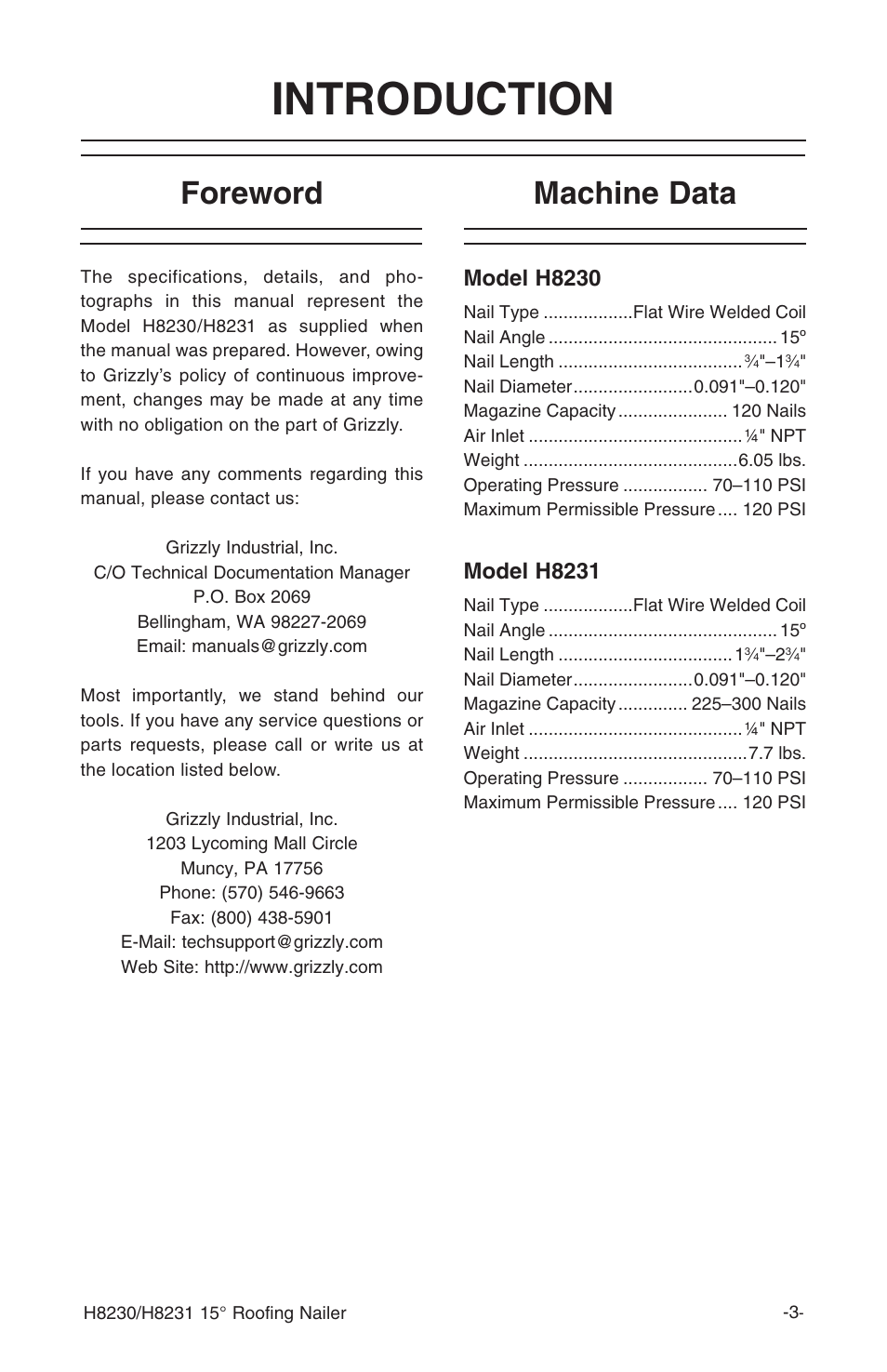 Introduction, Foreword machine data, Model h8230 | Model h8231 | Grizzly H8230 User Manual | Page 5 / 20