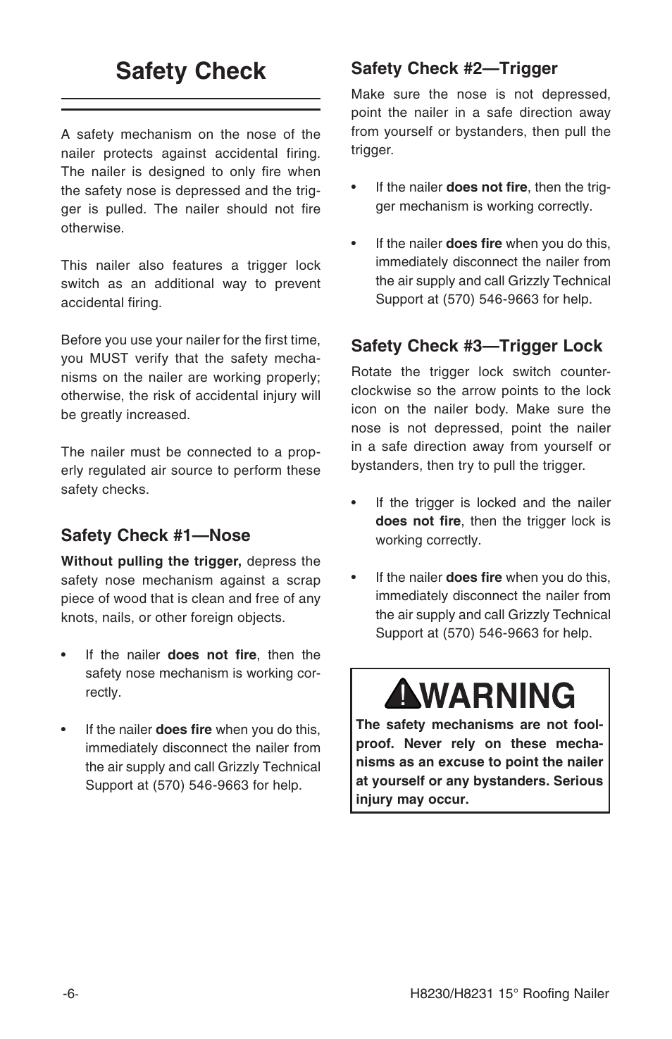 Safety check, Safety check #1—nose, Safety check #2—trigger | Safety check #3—trigger lock | Grizzly H8230 User Manual | Page 8 / 20