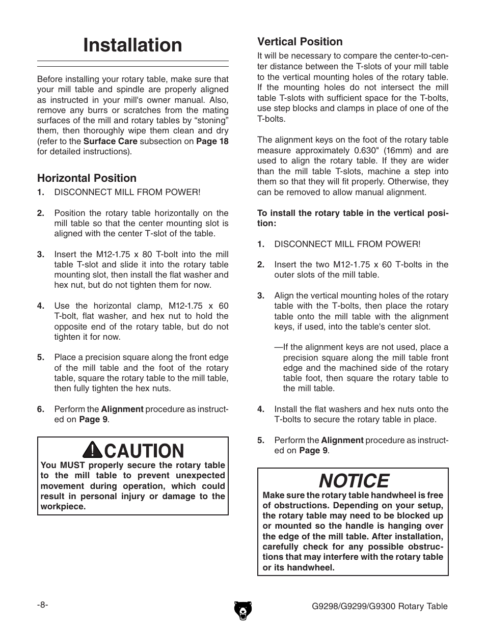 Installation, Notice | Grizzly Horizontal/Vertical Rotary Table G9298 User Manual | Page 10 / 24