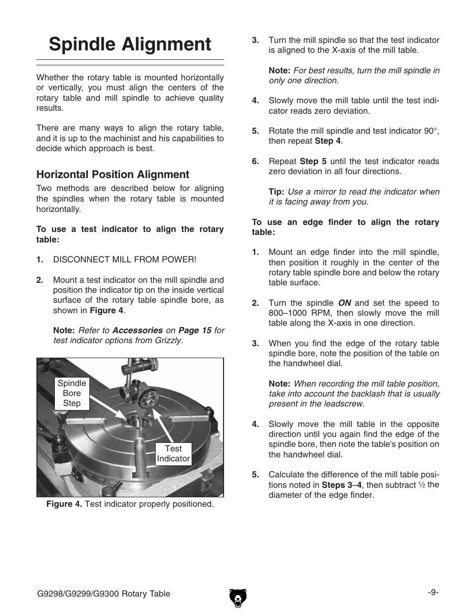 Spindle alignment, Horizontal position alignment | Grizzly Horizontal/Vertical Rotary Table G9298 User Manual | Page 11 / 24