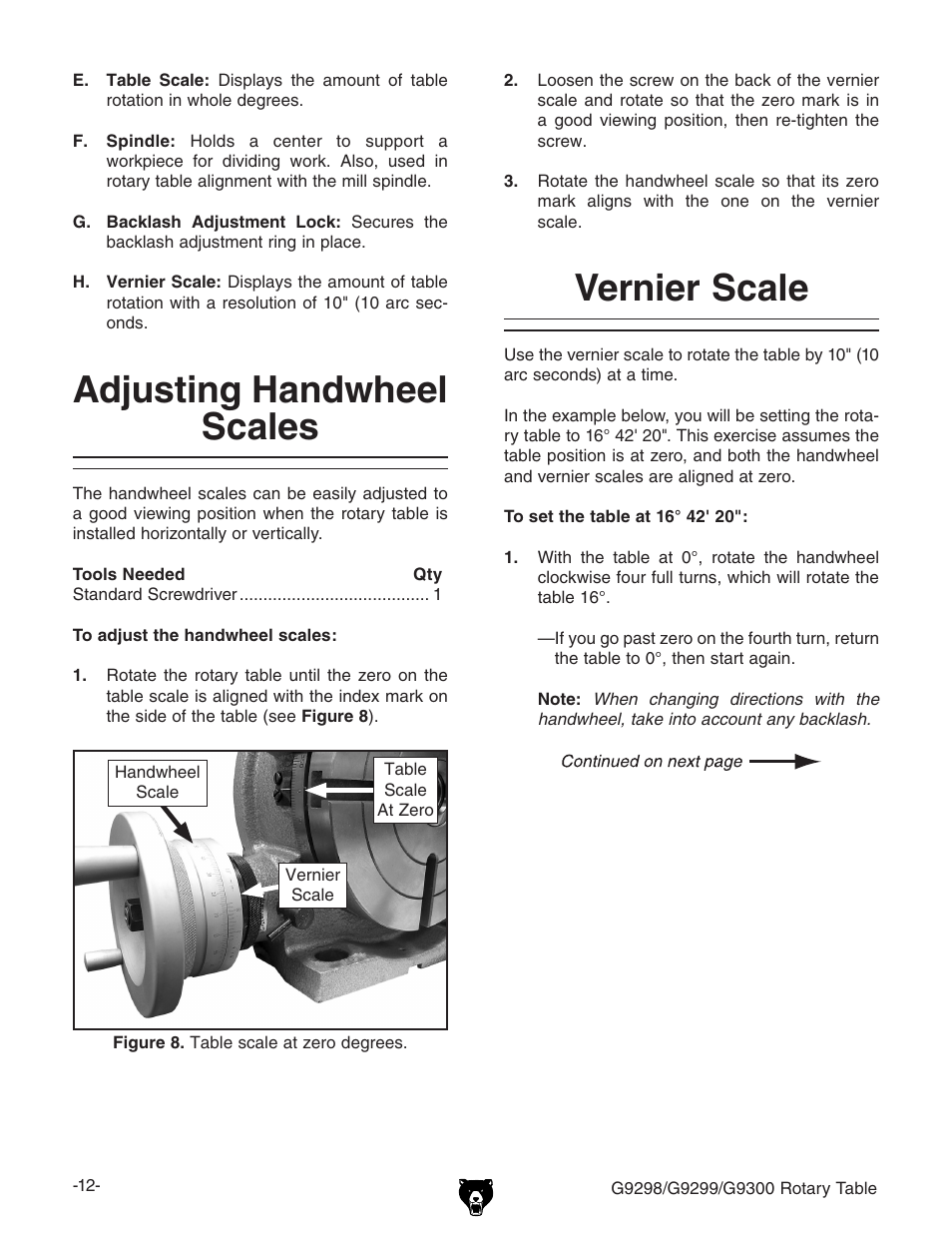 Adjusting handwheel scales, Vernier scale | Grizzly Horizontal/Vertical Rotary Table G9298 User Manual | Page 14 / 24