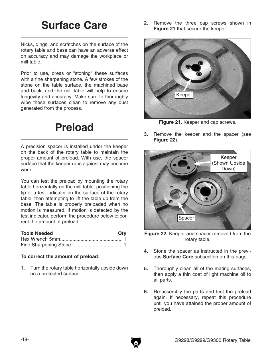 Surface care, Preload | Grizzly Horizontal/Vertical Rotary Table G9298 User Manual | Page 20 / 24