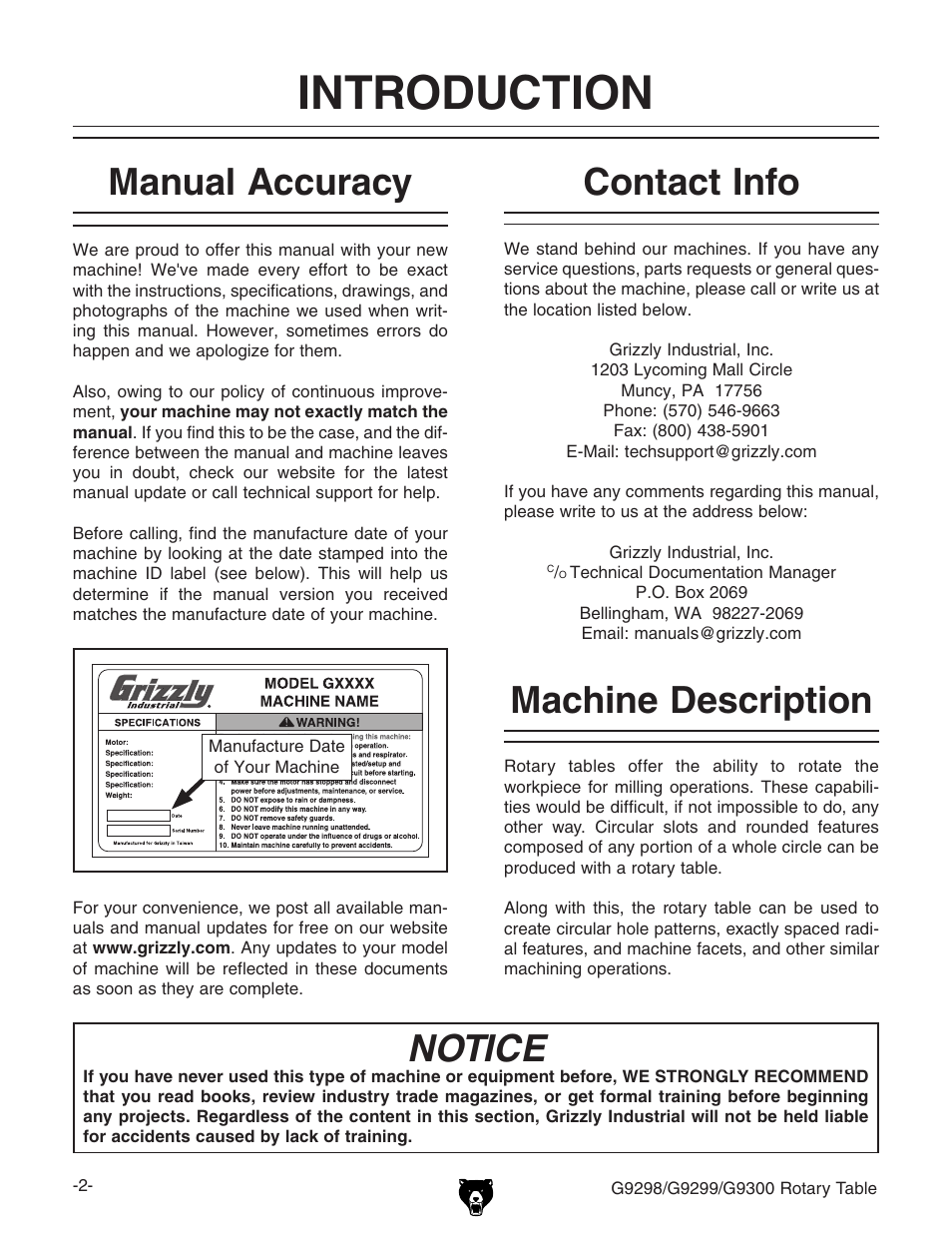 Introduction, Notice, Contact info machine description manual accuracy | Grizzly Horizontal/Vertical Rotary Table G9298 User Manual | Page 4 / 24