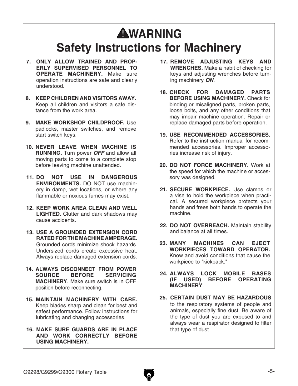 Safety instructions for machinery | Grizzly Horizontal/Vertical Rotary Table G9298 User Manual | Page 7 / 24