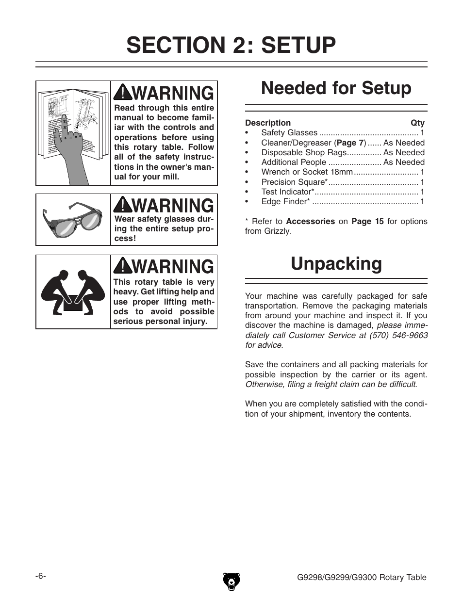 Needed for setup, Unpacking | Grizzly Horizontal/Vertical Rotary Table G9298 User Manual | Page 8 / 24