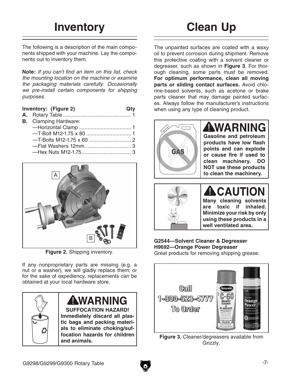 Inventory, Clean up | Grizzly Horizontal/Vertical Rotary Table G9298 User Manual | Page 9 / 24