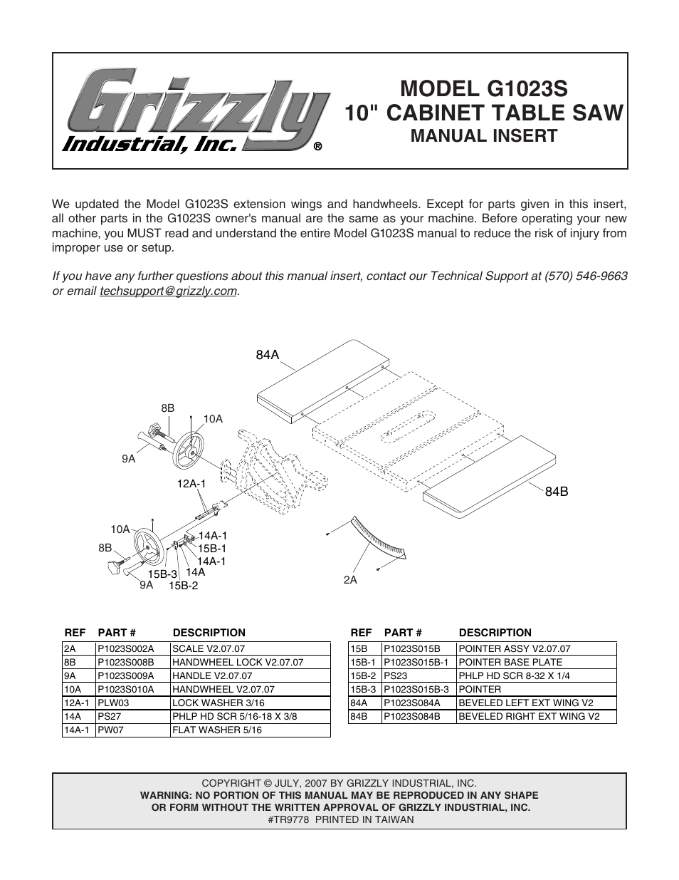 Grizzly G1023S User Manual | 60 pages