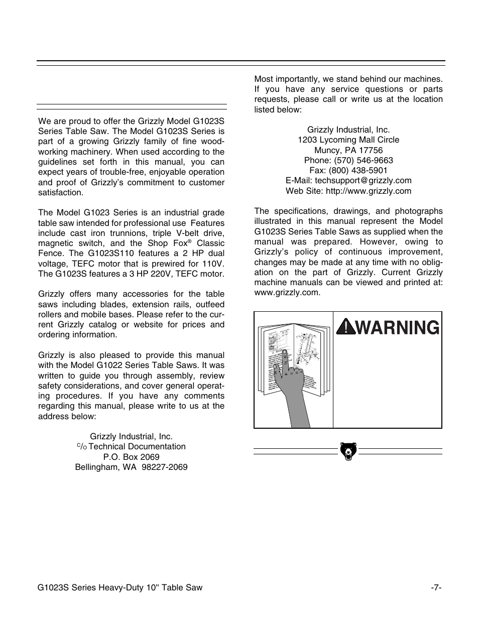 Commentary | Grizzly G1023S User Manual | Page 10 / 60