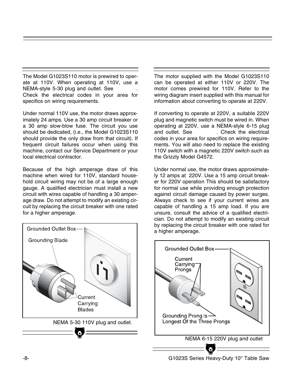 220v operation, 110v operation | Grizzly G1023S User Manual | Page 11 / 60