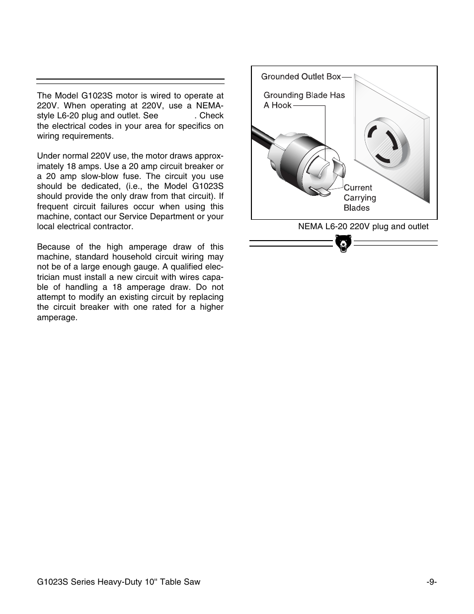 220v operation, Model g1023s only | Grizzly G1023S User Manual | Page 12 / 60