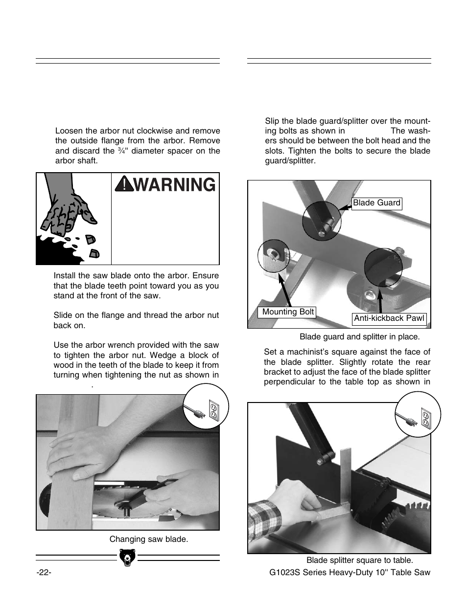 Saw blade blade guard/splitter | Grizzly G1023S User Manual | Page 25 / 60